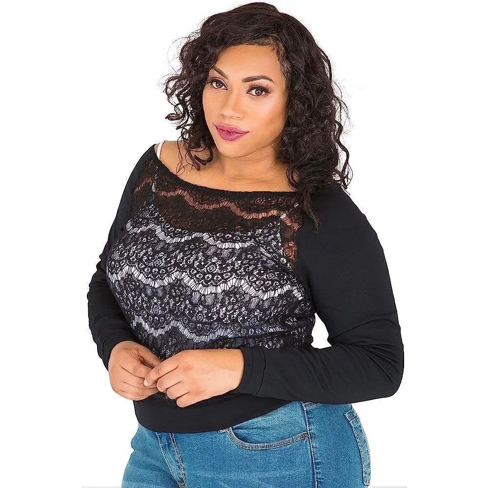 Poetic Justice Black Lace Ponte Knit Top Slouchy Neckline Blouse plus Sz 2X NWOT